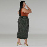 Plus Size Women's Denim Slim Fit Zipper Pocket Long Skirt