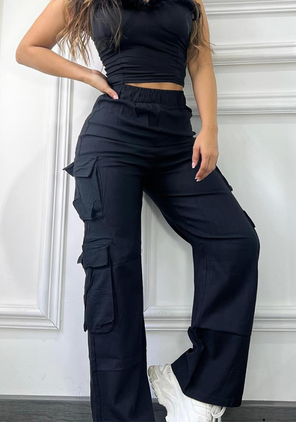 Women Pocket Solid Cargo Pants