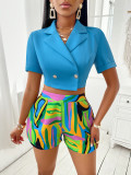 Women Summer Short Sleeve Top and Printed Shorts Casual Two-Piece Set