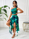 Women Summer Printed Slash Shoulder Sleeveless Top and Skirt Two-Piece Set