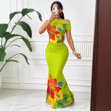 Women Summer Sexy Printed Sleeveless Top and Skirt Two-Piece Set