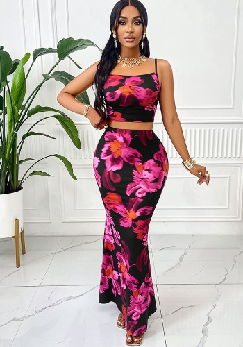 Summer Women Printed Strap Top and Skirt Two-Piece Set