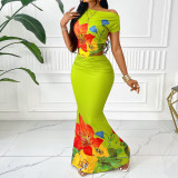 Women Summer Sexy Printed Sleeveless Top and Skirt Two-Piece Set