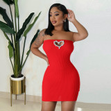 Women Heart Print Rhinestone Hollow Bodycon Dress