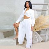 Women Solid Long Sleeve Top and Slit Skirt 2-piece set