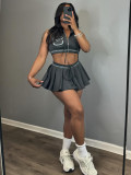 Women Summer Sexy Sports Casual Zipper Top and Lace Skirt Two-piece Set