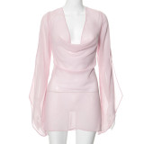 Women Summer Sexy See-Through Swing Collar Long Sleeve Backless Dress