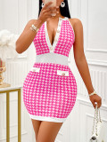 Women Sexy Sleeveless Houndstooth Dress