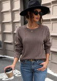 Women Casual Loose Knitting Hollow Solid Round Neck Top