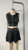 Women Summer Sexy Sports Casual Zipper Top and Lace Skirt Two-piece Set