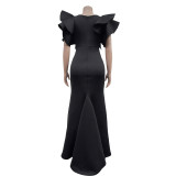 Women Solid Short Sleeve V Neck Ruffles Maxi Dress