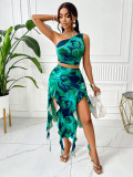 Women Summer Printed Slash Shoulder Sleeveless Top and Skirt Two-Piece Set