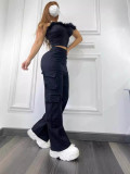 Women Pocket Solid Cargo Pants