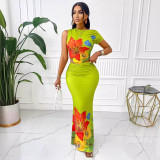 Women Summer Sexy Printed Sleeveless Top and Skirt Two-Piece Set