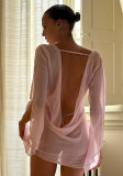 Women Summer Sexy See-Through Swing Collar Long Sleeve Backless Dress