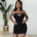 Women Heart Print Rhinestone Hollow Bodycon Dress