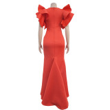 Women Solid Short Sleeve V Neck Ruffles Maxi Dress