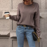 Women Casual Loose Knitting Hollow Solid Round Neck Top