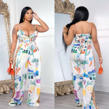 Women Sexy Print Top and Wide Leg Pants 2-piece Set