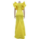 Women Solid Short Sleeve V Neck Ruffles Maxi Dress