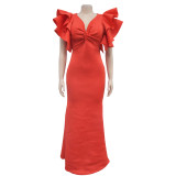 Women Solid Short Sleeve V Neck Ruffles Maxi Dress