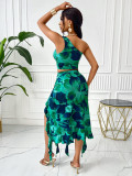 Women Summer Printed Slash Shoulder Sleeveless Top and Skirt Two-Piece Set