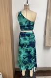 Women Summer Printed Slash Shoulder Sleeveless Top and Skirt Two-Piece Set