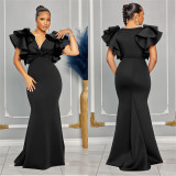 Women Solid Short Sleeve V Neck Ruffles Maxi Dress