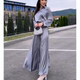 Women's Satin Fashionable Chic Long Sleeve Shirt High Waist Skirt Two-Piece Set