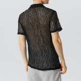 Summer Men's Solid Color Turndown Collar Knitting Shirt Loose See-Through Mesh Short-Sleeved Sexy T-Shirt