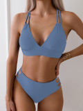 Solid Color V-Neck Low Back Sexy Bikini Two Pieces Swimsuit