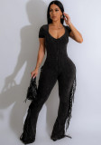 Fashion Women's Solid Color V-Neck Short-Sleeved Tassels Jumpsuit