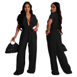 Women's Solid Color Casual Women's Turndown Collar Short Sleeve Linen Jumpsuit