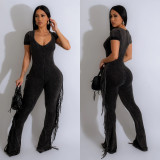 Fashion Women's Solid Color V-Neck Short-Sleeved Tassels Jumpsuit