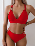 Solid Color V-Neck Low Back Sexy Bikini Two Pieces Swimsuit