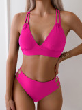 Solid Color V-Neck Low Back Sexy Bikini Two Pieces Swimsuit