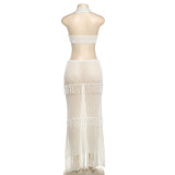 Summer Sexy U-Neck Crochet Vest High Waist Hollow Tassel Skirt Set