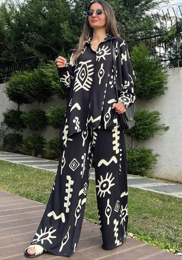 Women's Fashionable Printed Loose Top High Waist Wide Leg Pants Two-Piece Set