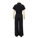 Women's Solid Color Casual Women's Turndown Collar Short Sleeve Linen Jumpsuit