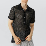 Summer Men's Solid Color Turndown Collar Knitting Shirt Loose See-Through Mesh Short-Sleeved Sexy T-Shirt