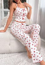 Sexy Pajamas Heart Printed Transparent Mesh Sleeveless Strap Tank Trousers Home Clothes