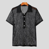 Summer Men's Solid Color Turndown Collar Knitting Shirt Loose See-Through Mesh Short-Sleeved Sexy T-Shirt