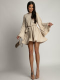 Women's Fashionable Loose Pleated Chic Women's Long Sleeve Casual Short Dress