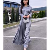 Women's Satin Fashionable Chic Long Sleeve Shirt High Waist Skirt Two-Piece Set