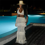 Summer Sexy U-Neck Crochet Vest High Waist Hollow Tassel Skirt Set