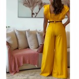 Women's Fashionable Ruffled Short Sleeve Top High Waist Wide Leg Pants Two-Piece Set