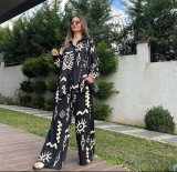 Women's Fashionable Printed Loose Top High Waist Wide Leg Pants Two-Piece Set