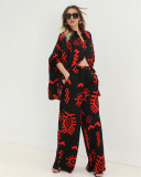 Women's Fashionable Printed Loose Top High Waist Wide Leg Pants Two-Piece Set