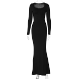 Women's Autumn Fashion Long Sleeve Low Back U-Neck Slim Long Dress