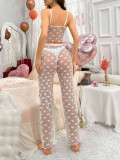 Sexy Pajamas Heart Printed Transparent Mesh Sleeveless Strap Tank Trousers Home Clothes